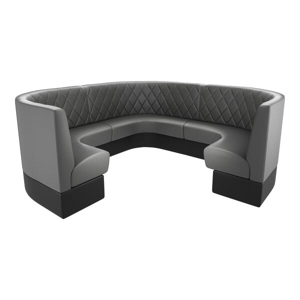 A large, graphite-colored, diamond-tufted 3/4 circle booth with high backrest and black base.