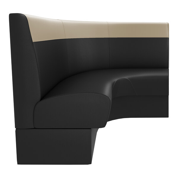 A 48-inch long, quarter-circle corner booth with a fawn-colored head roll and black upholstery, standing 36 inches high.