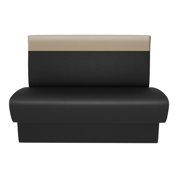 A black booth seat with a fawn-colored head roll and a double back, measuring 30 inches long and 42 inches high.