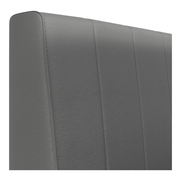 A graphite-colored upholstered double back booth with vertical channel stitching, measuring 48 inches long and 42 inches high.