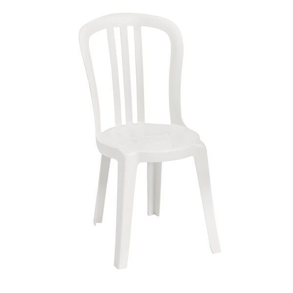 A white plastic Grosfillex Miami sidechair with legs.