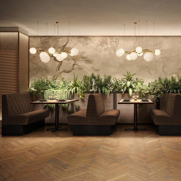 A 30-inch long, 42-inch high double back booth with diamond tufted upholstery, designed for cafe seating.