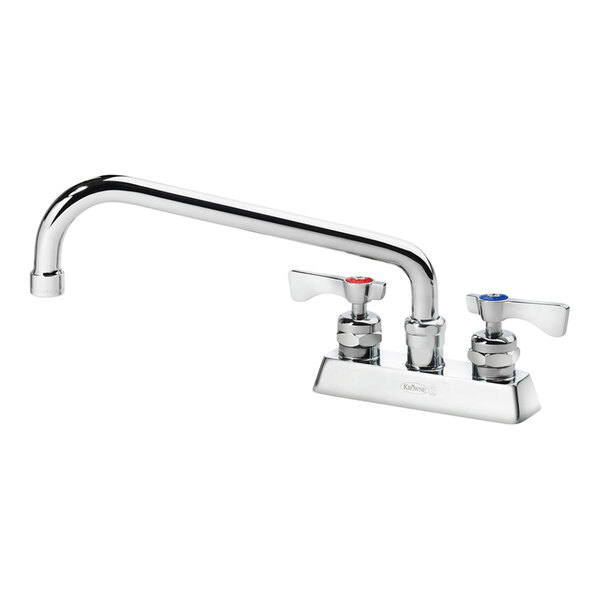 A chrome deck-mount faucet with a 10-inch swing nozzle and lever handles for hot and cold water.