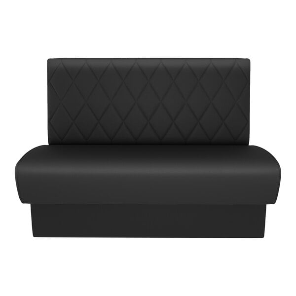 A black, diamond-tufted double back booth with a high backrest and a simple, modern design.