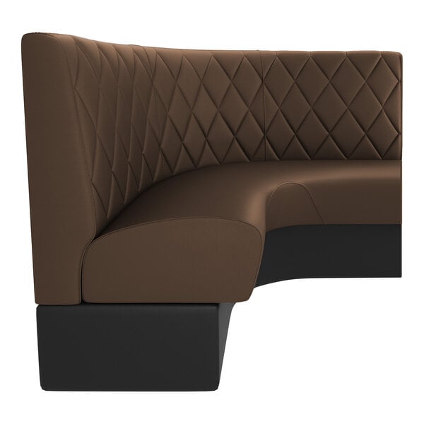 A brown diamond-tufted quarter circle corner booth with a high back and black base.