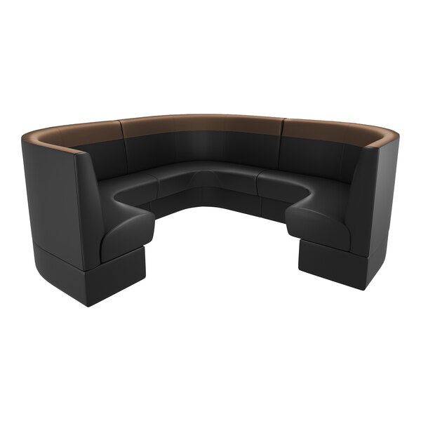 A large, curved black and brown upholstered booth with high backrest designed for cafe or restaurant seating.