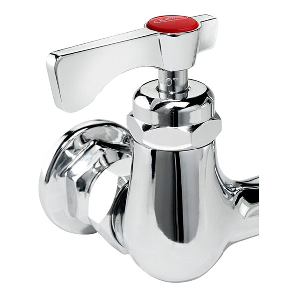 A chrome wall-mount faucet with a lever handle and a gooseneck nozzle.