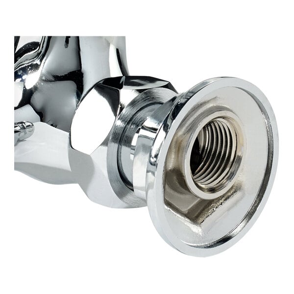 A chrome-plated wall-mount faucet with a threaded connection and a round escutcheon.