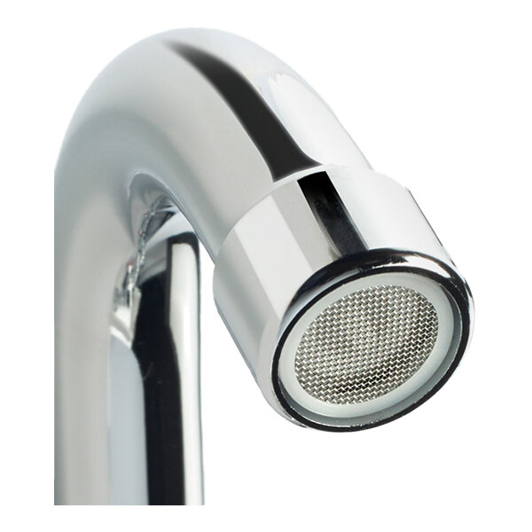 A chrome wall-mount faucet with a 1.8 GPM aerator and a 6 1/4 inch gooseneck nozzle.