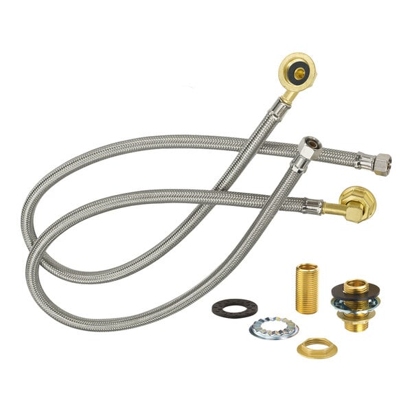 A flexible water line kit with braided hoses, brass fittings, and mounting hardware for plumbing installations.