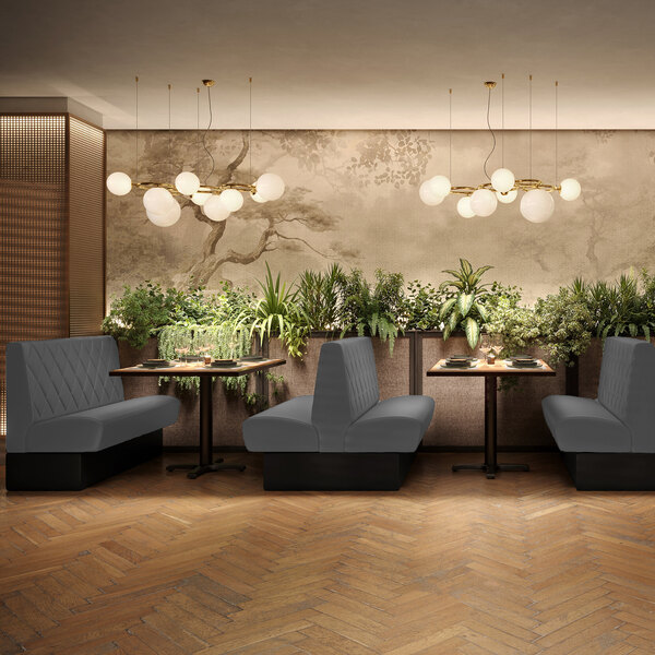 A 30-inch long graphite-colored double back booth with diamond tufting and a 36-inch high backrest, designed for restaurant seating.