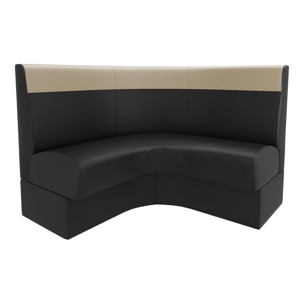 A large, curved booth with a black seat and backrest, and a light tan head roll, designed for corner seating.