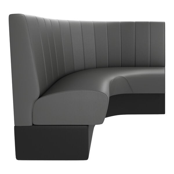 A graphite-colored, half-circle upholstered booth with channel stitching and a 36-inch high back.