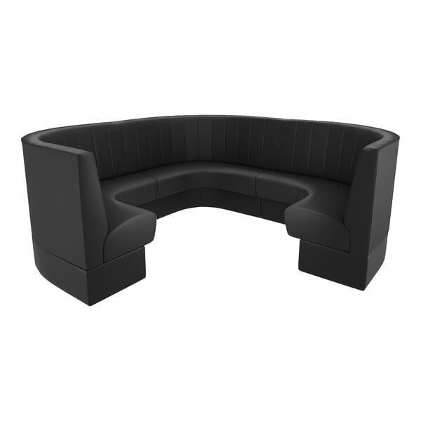 A large, black, three-quarter circle booth with high backrest and channel stitching.