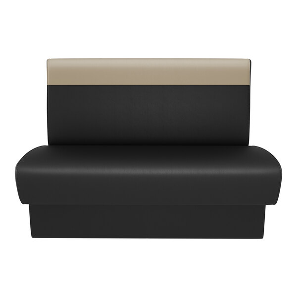 A black booth seat with a fawn-colored head roll and a double back design, measuring 48 inches long and 36 inches high.