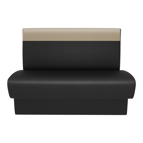 A black and fawn upholstered restaurant booth with a single back and a 60-inch long seat.