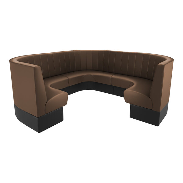 A large brown and black three-quarter circle booth with high backrest and channel stitching, designed for cafe or restaurant seating.