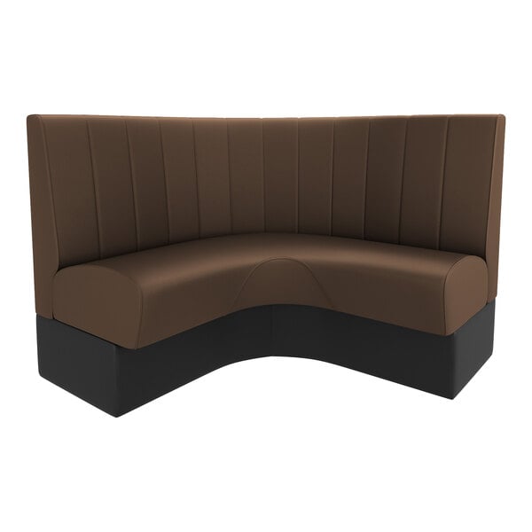 A large, brown and black, 3/4 circle booth with a high back and channel stitching, designed for cafe or restaurant seating.