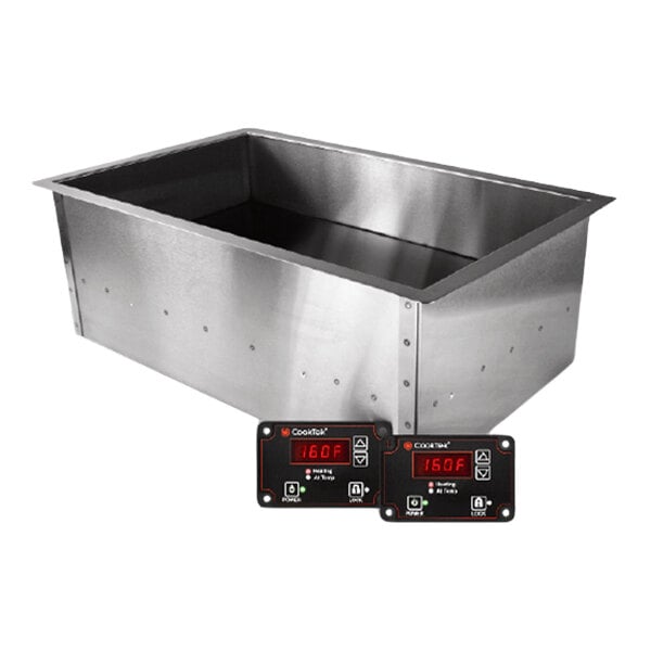 A rectangular aluminum drop-in waterless induction warmer with digital temperature controls.