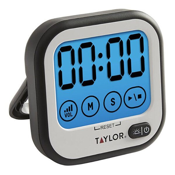 A digital touch screen kitchen timer with a large blue backlit display and control buttons, branded Taylor.