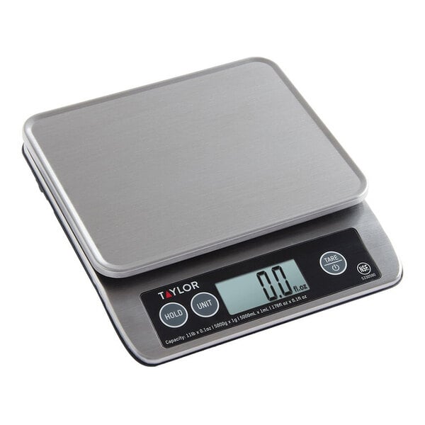 A digital stainless steel portion control scale with an LCD display and control buttons.