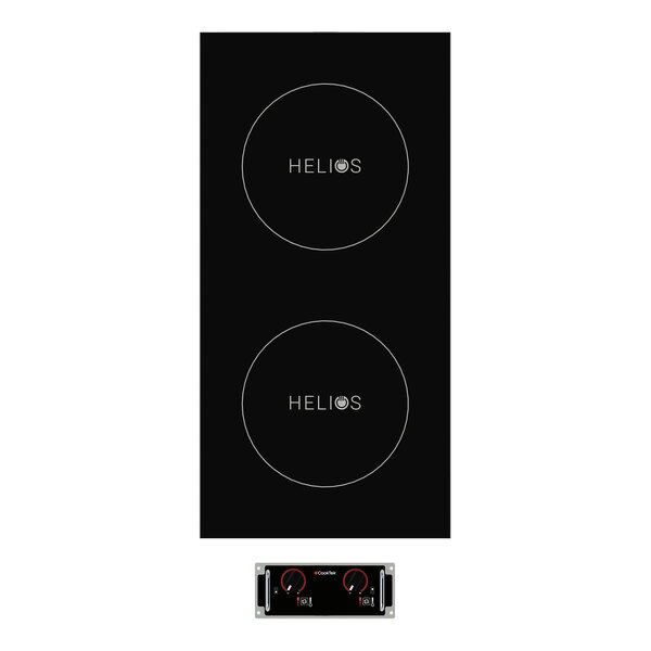 A black front-to-back drop-in countertop induction range with two cooking hobs and a standard display control panel.