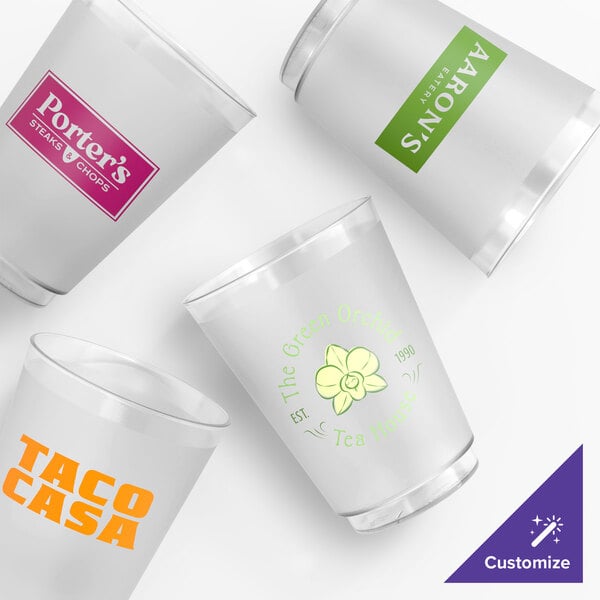 A set of customizable frosted plastic tumblers with various printed logos and designs.
