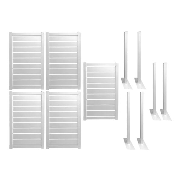 A white privacy fence kit with five fence panels and six fence posts.