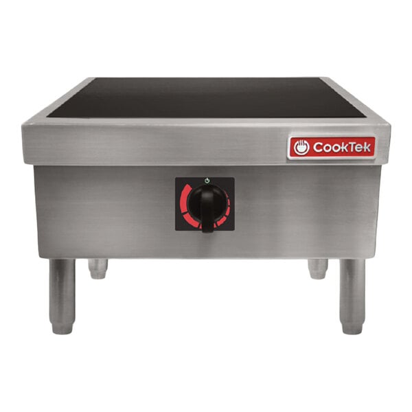 A stainless steel CookTek stock pot induction range with a black cooktop and control knob.