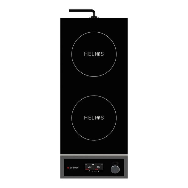 A freestanding countertop induction range with a touch display and two cooking hobs.