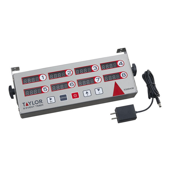 A digital 8-event kitchen timer with labeled buttons and a power adapter.