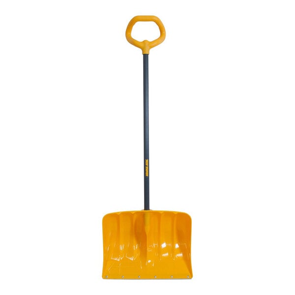 A yellow snow shovel with a wide poly blade, wear strip, and a black handle featuring a VersaGrip handle.