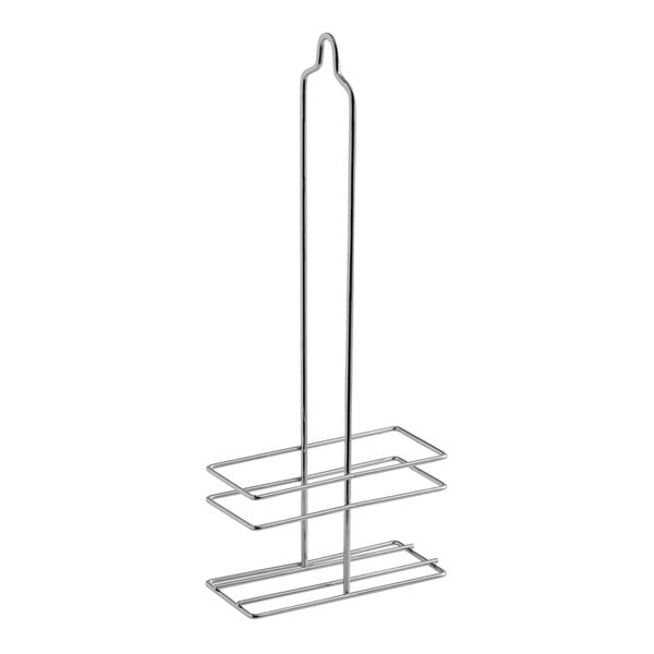 A metal wire rack designed to hold an 8.5 oz. olive oil cruet.
