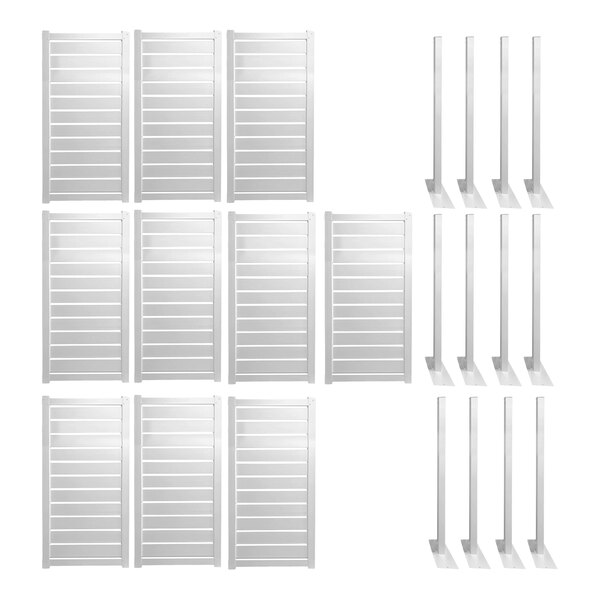 A white privacy fence kit featuring 10 fence panels and 12 fence posts.