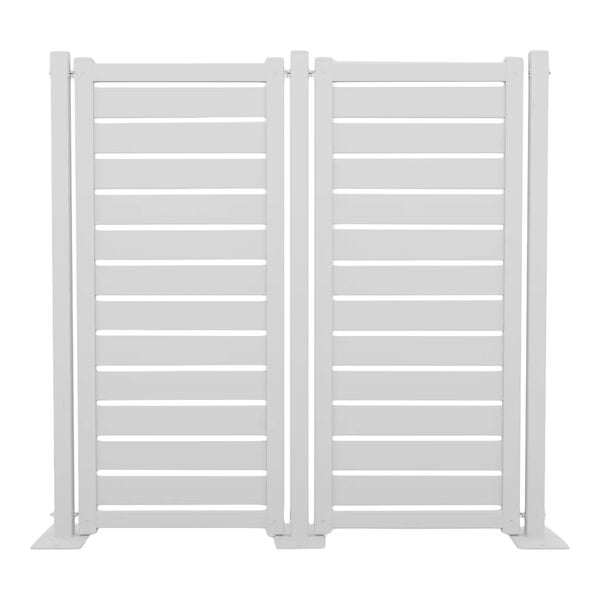 A white privacy fence kit featuring 10 horizontal slat panels and 12 posts.