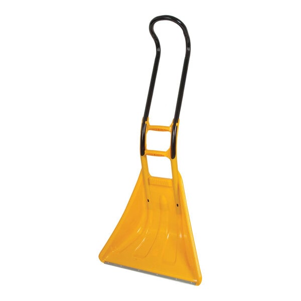 A yellow poly blade snow shovel with a multi-grip black handle and a wear strip.
