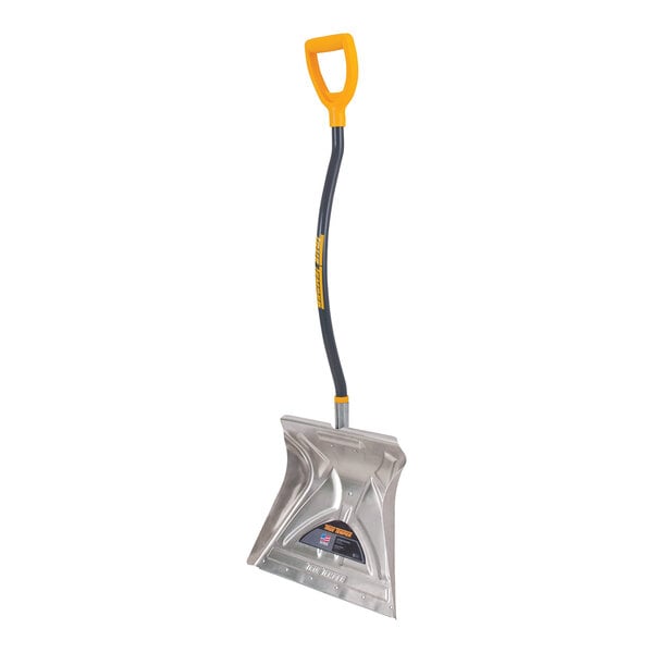 A 20-inch aluminum blade combo snow shovel and pusher with a wear strip and an ergonomic D-grip handle.