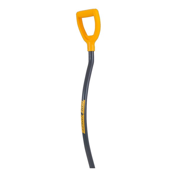 A snow shovel handle with an ergonomic yellow D-grip and a curved gray shaft.