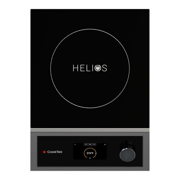 A freestanding countertop induction range with a touch display and single hob, labeled 'CookTek Helios'.