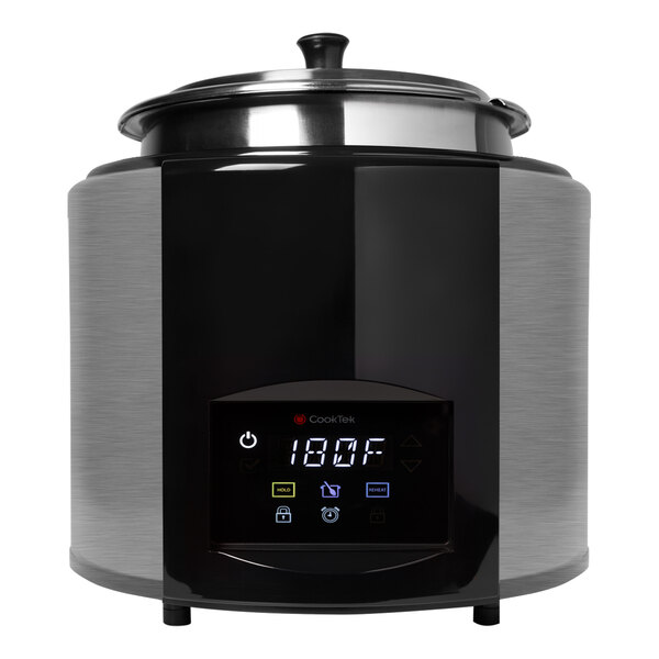 A round brushed aluminum waterless soup rethermalizer and warmer with a digital control panel and an 11-quart capacity.