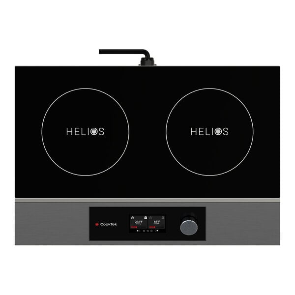 A double-burner induction cooktop with a digital control panel and stainless steel trim.