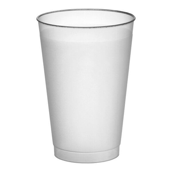 A frosted plastic tumbler with a 14 oz. capacity.