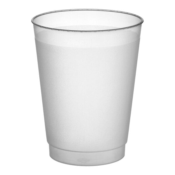 A frosted plastic tumbler with a 10 oz. capacity.