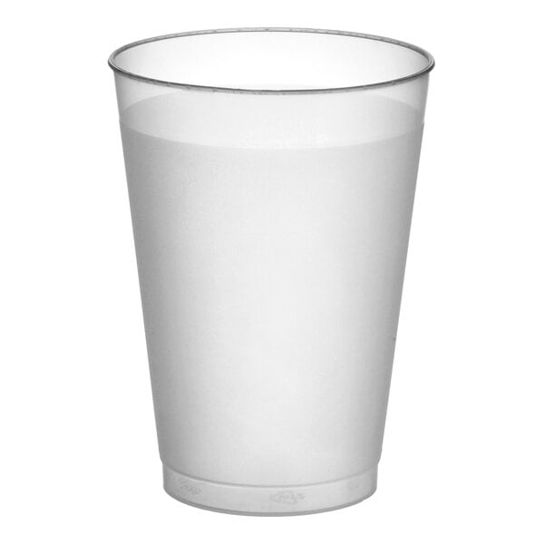 A frosted plastic tumbler with a 12 oz. capacity.