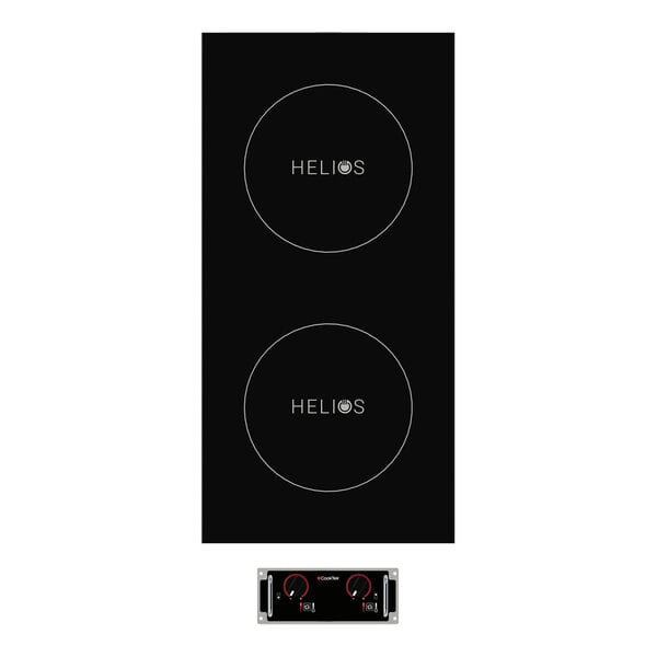 A black front-to-back drop-in countertop induction range with two cooking hobs and a standard display control panel.