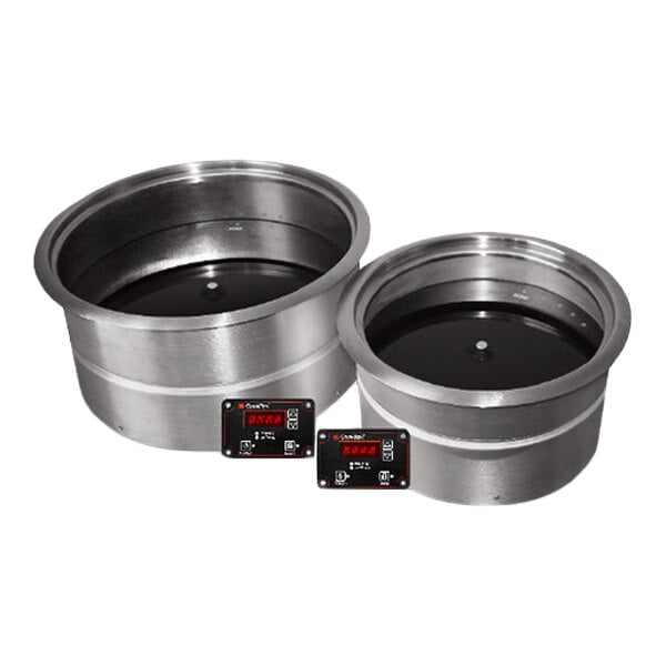 A pair of round aluminum drop-in waterless induction warmers with digital control panels.