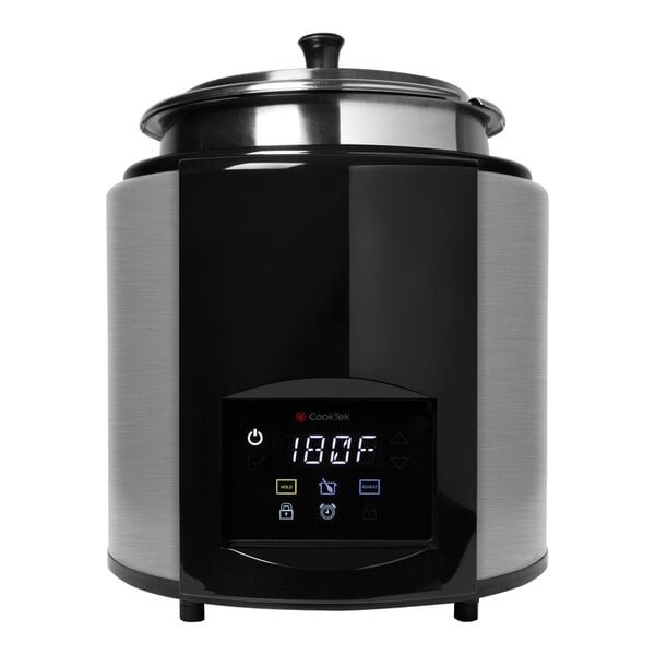 A round brushed aluminum waterless soup rethermalizer and warmer with a digital display.
