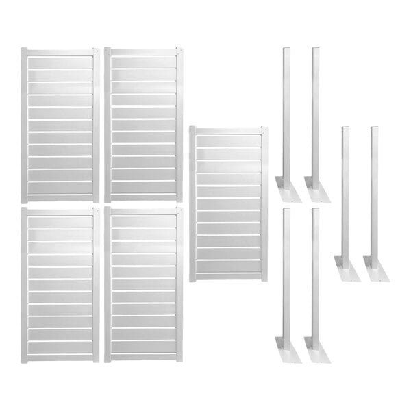 A white privacy fence kit featuring five fence panels and six fence posts.
