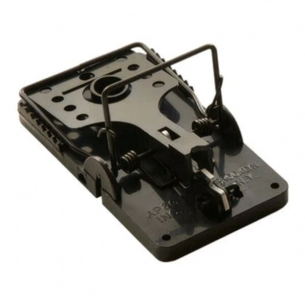 A black plastic and metal rat snap trap designed for pest control.