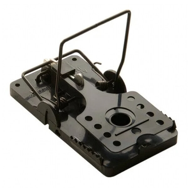 A black plastic and metal rat snap trap.